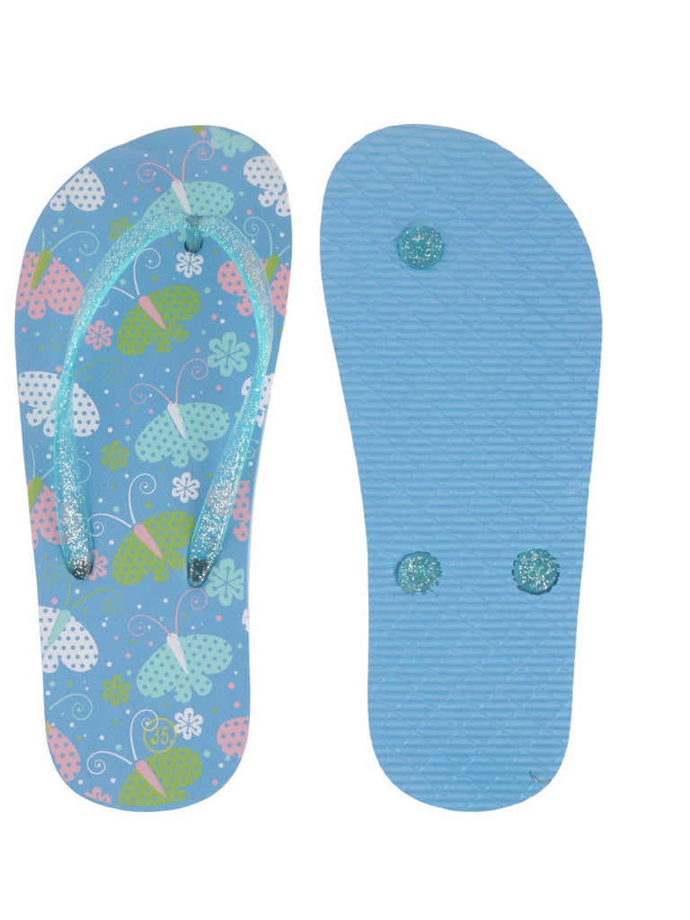 Butterfly Print Flip-Flops for Girls - Blue front and back view