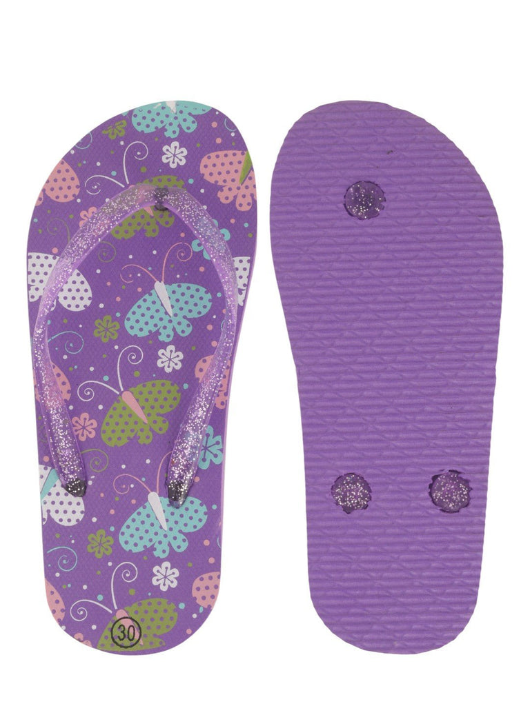 Butterfly Print Flip-Flops for Girls - Purple front and back view