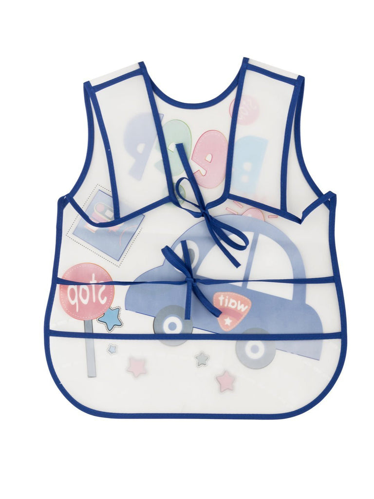 Kids' car-themed waterproof feeding bib back view with adjustable tie closure.