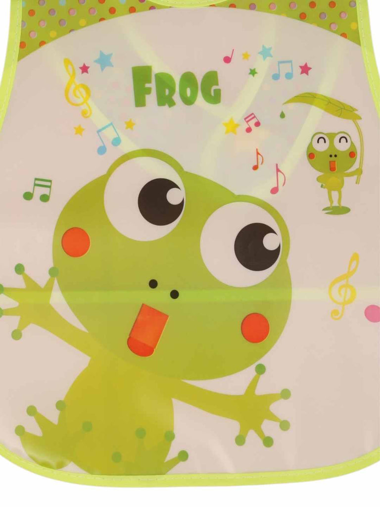 YellowBeeBabyFeedingBib_MusicalGreenFrogPrintwithSpillCatcher-CloseUpView 1