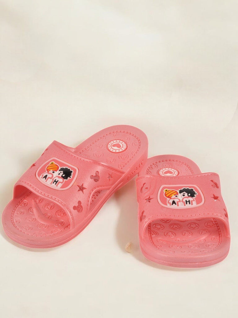 Creative view of peach Cartoon Friends Slides for Girls displayed on a neutral background.