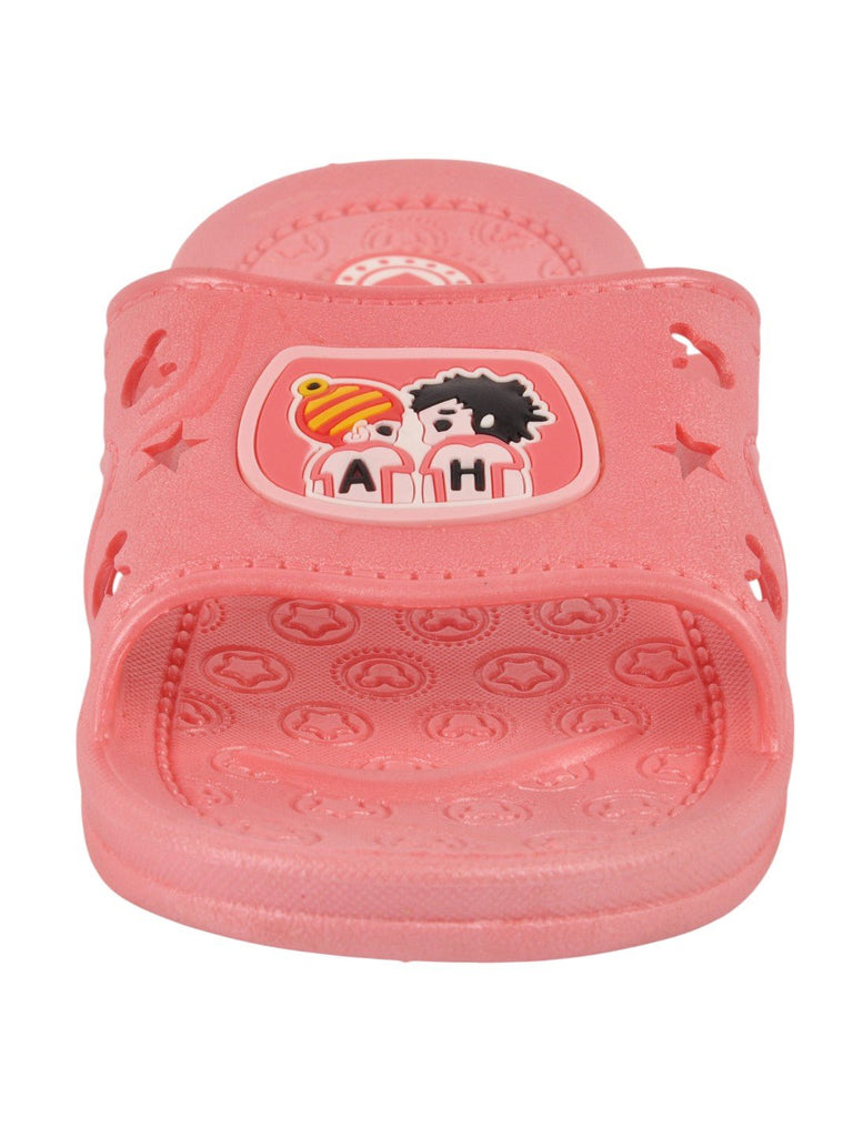 zoom view of peach Cartoon Friends Slides for Girls displayed on a neutral background.