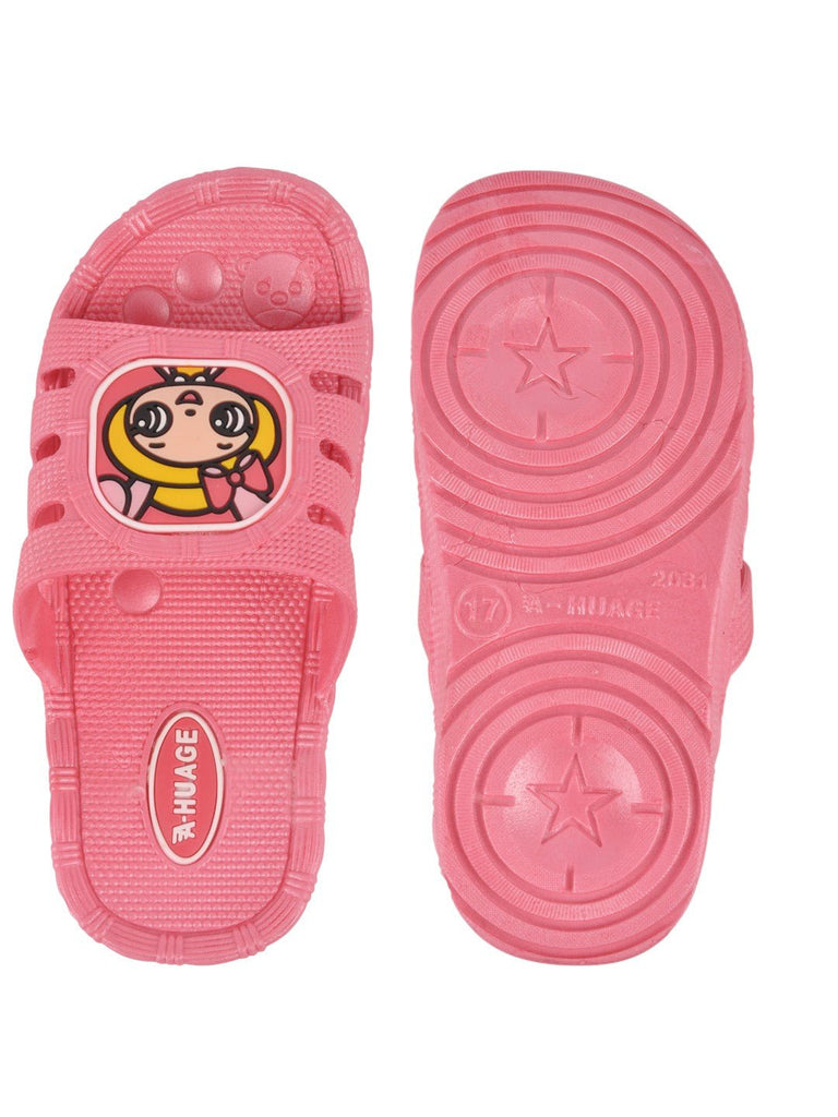 front and back view of Cartoon Girl Slides for Girls in pink showcasing the fun cartoon girl design.