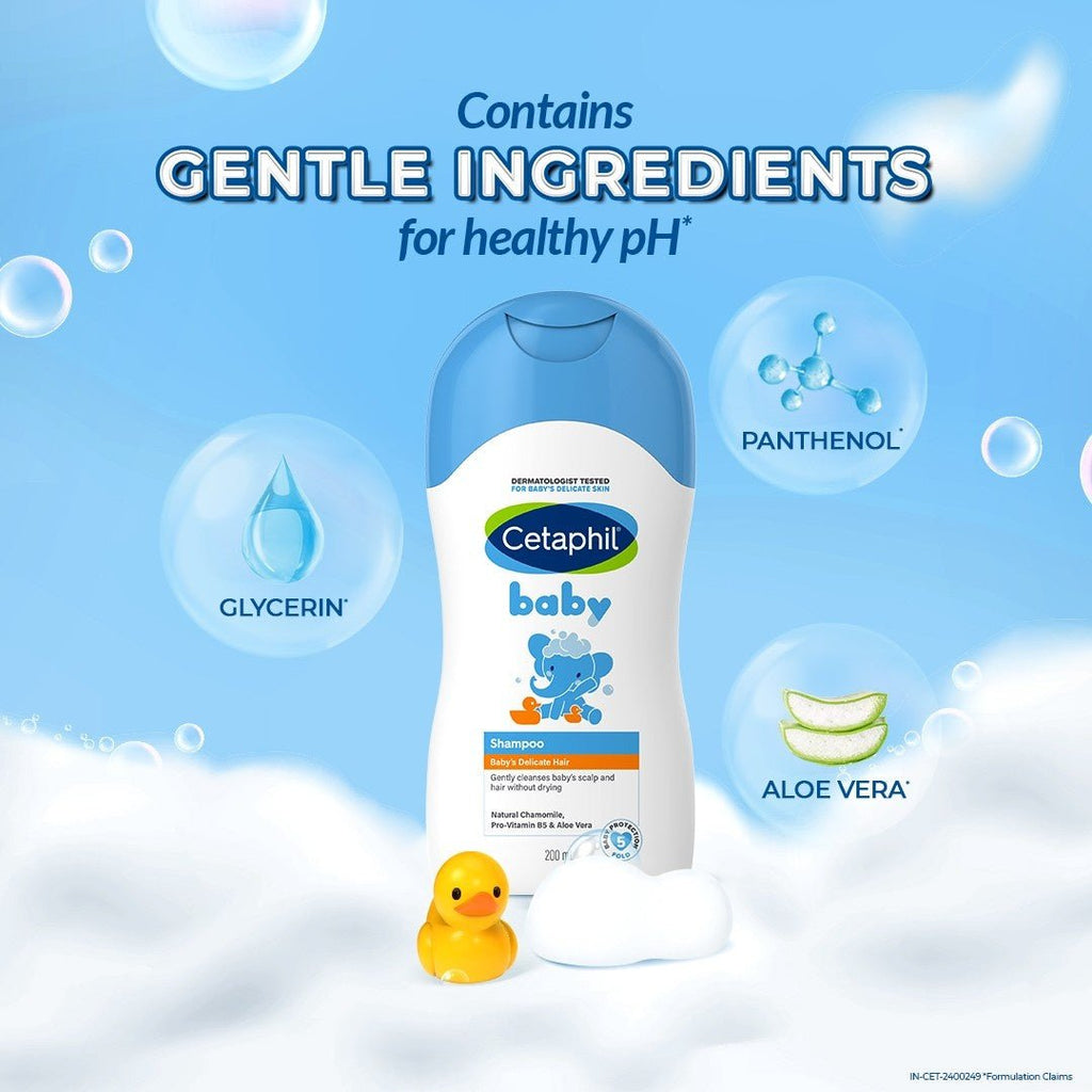 Cetaphil Baby gentle Wash Shampoo 200 ml Showing its ingredients in cloudy background.