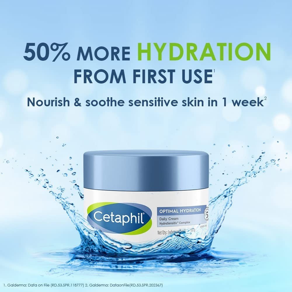 Cetaphil Optimal Hydration Daily Cream 50g providing 50% more hydration from the first use.