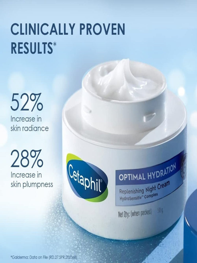 Cetaphil Optimal Hydration Replenishing Night Cream 50g with clinically proven results for sensitive skin.