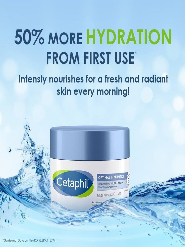 Cetaphil Optimal Hydration Replenishing Night Cream 50g providing 50% more hydration from the first use.