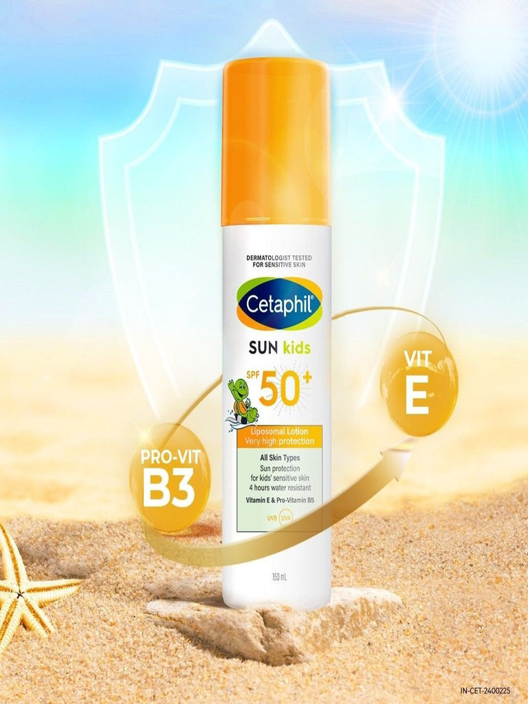 Cetaphil Sun Kids SPF 50 Liposomal Lotion Showing Vitamin E Features.