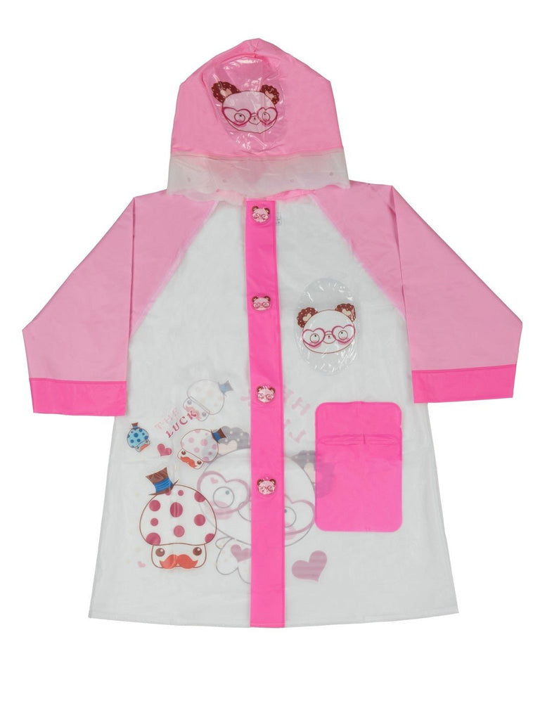 Front view of Yellow Bee Animal Themed Pink & Transparent Raincoat for Girls