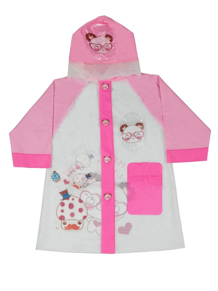 Front view of Yellow Bee Animal Themed Pink & Transparent Raincoat for Girls