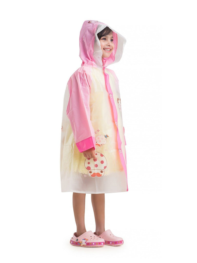 yellow bee animal themed raincoat with playful hood design for girls side view.