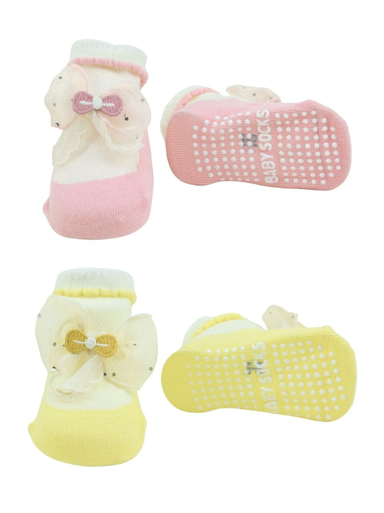 Charming Baby Cotton Socks with Bow Design for Girls – Pink & Yellow - Front & Back View