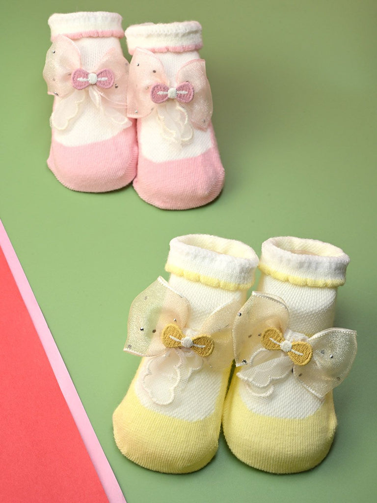 Charming Baby Cotton Socks with Bow Design for Girls – Pink & Yellow - Creative View
