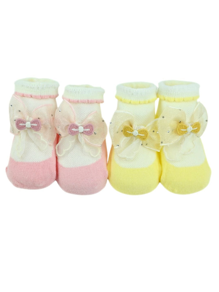 Charming Baby Cotton Socks with Bow Design for Girls – Pink & Yellow - Front View