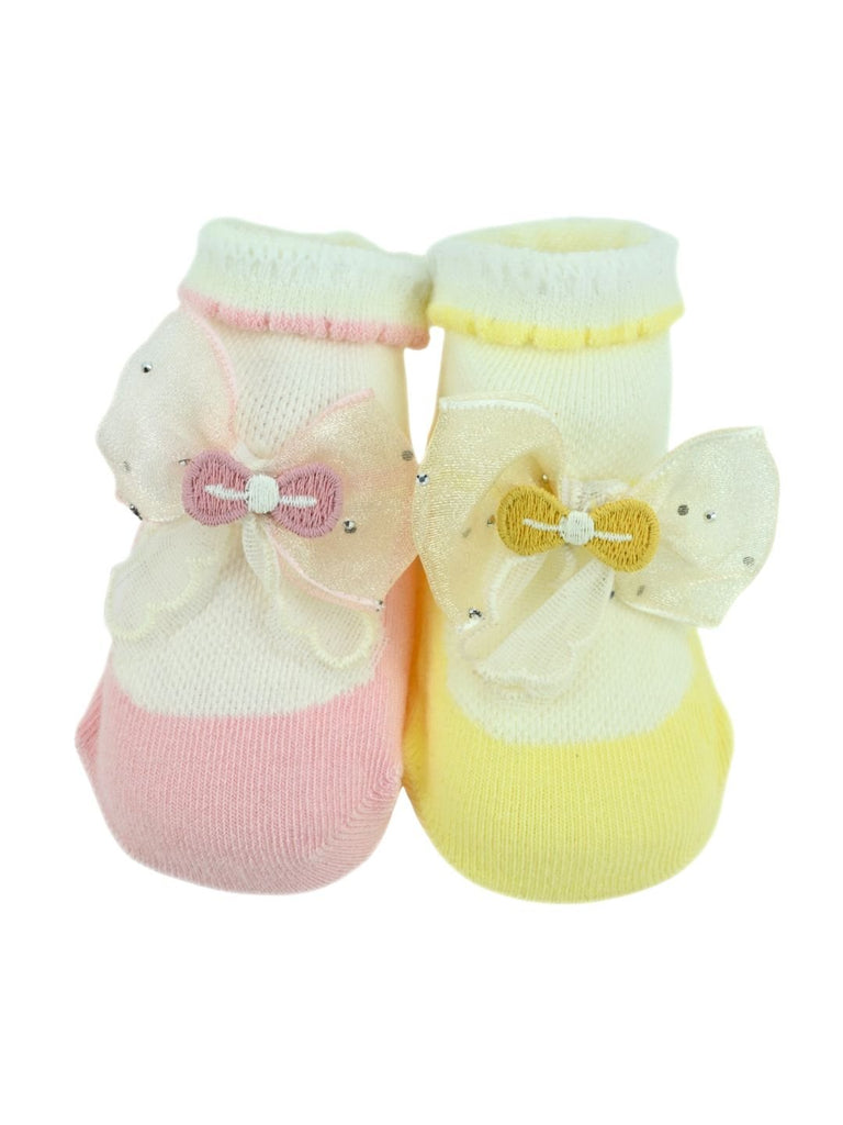 Charming Baby Cotton Socks with Bow Design for Girls – Pink & Yellow - Single View