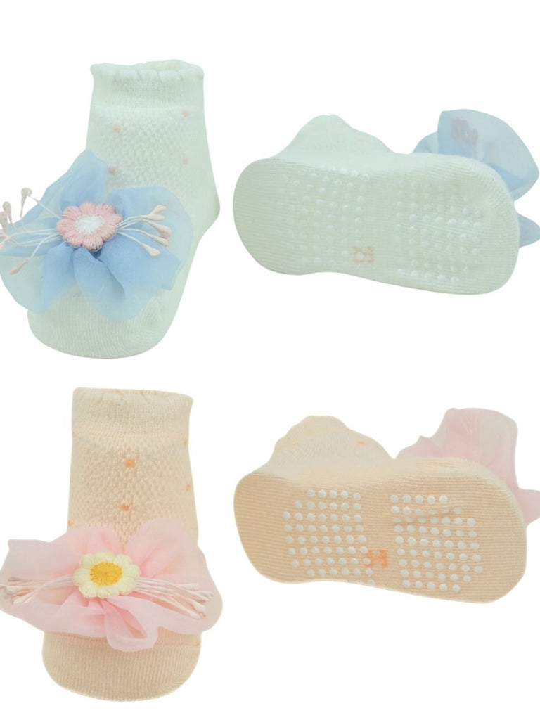 Charming Baby Cotton Socks with Daisy Mesh Flowers for Girls - Multi - Front & Back View