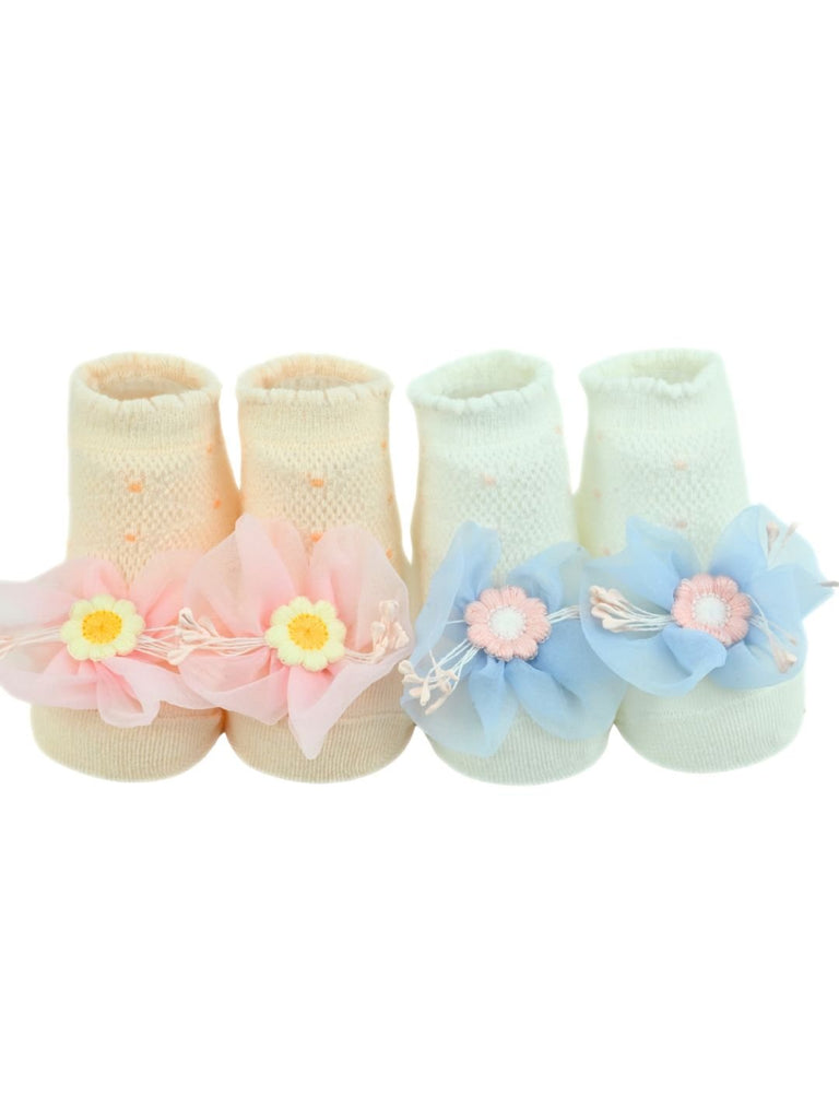 Charming Baby Cotton Socks with Daisy Mesh Flowers for Girls - Multi - Front View