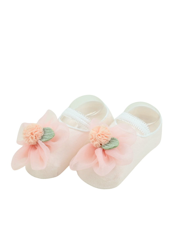 Charming Baby Cotton Socks with Pink Flower Accent for Girls- Pink - Angle View