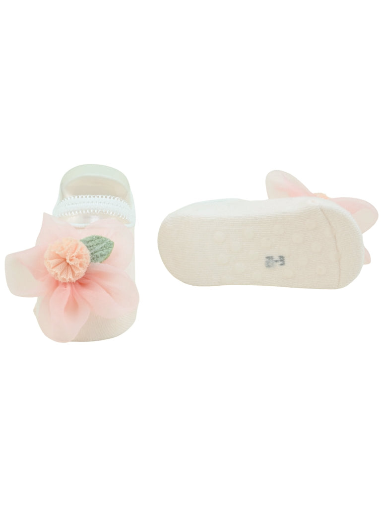 Charming Baby Cotton Socks with Pink Flower Accent for Girls- Pink - Front & Back View