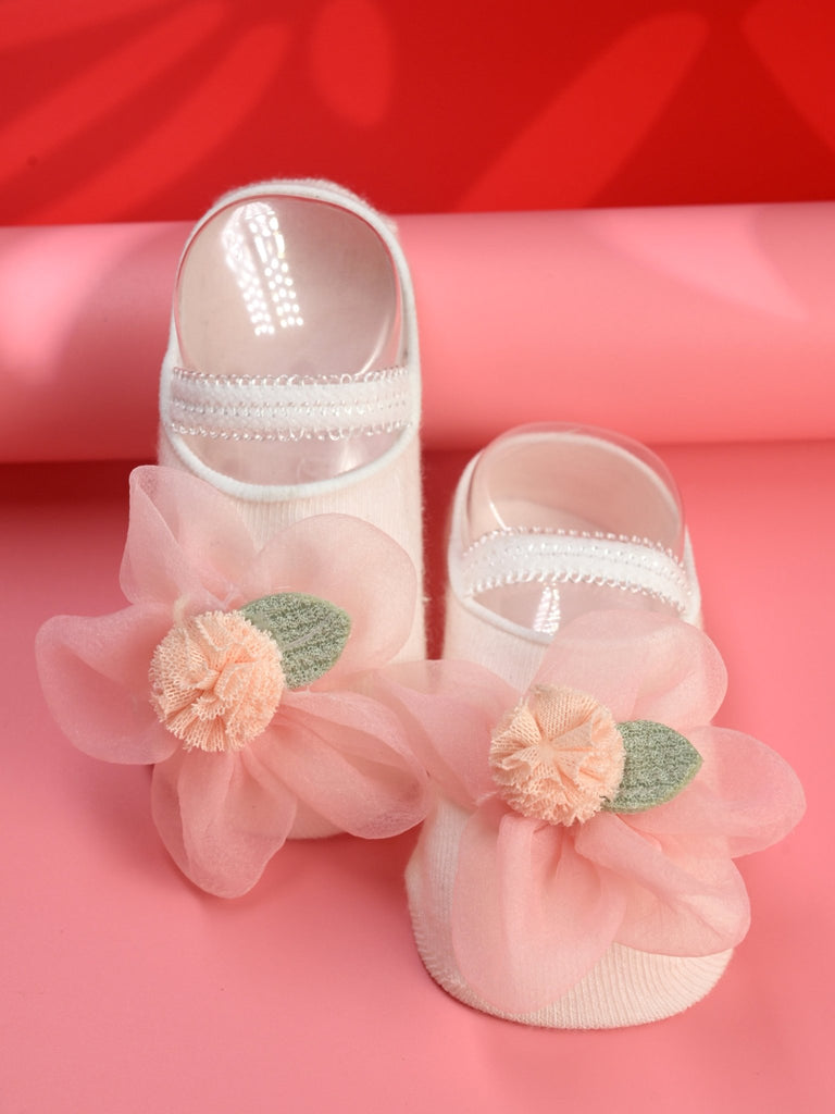 Charming Baby Cotton Socks with Pink Flower Accent for Girls- Pink - Creative View