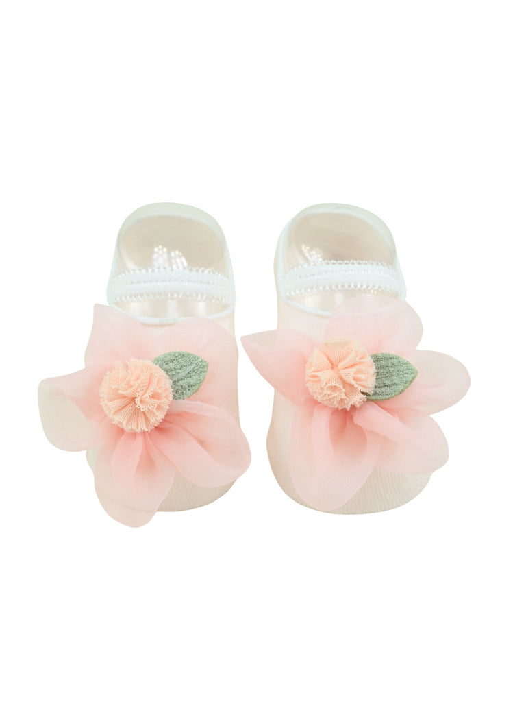 Charming Baby Cotton Socks with Pink Flower Accent for Girls- Pink - Front View