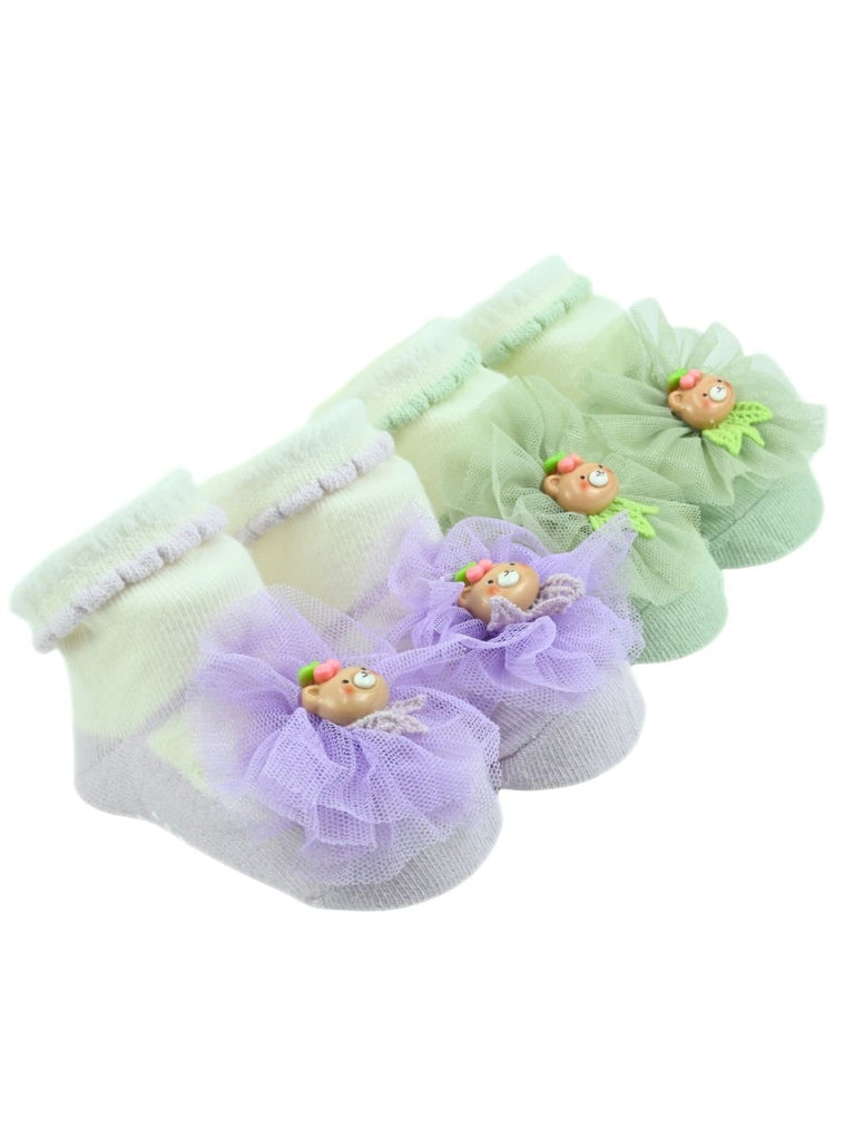 Charming Baby Girl Cotton Socks with Bear & Tulle Bow - Purple & Green - Angle View
