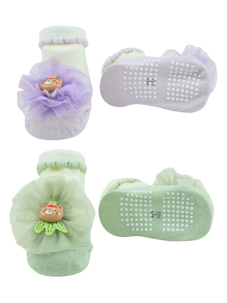 Charming Baby Girl Cotton Socks with Bear & Tulle Bow - Purple & Green - Front & Back View