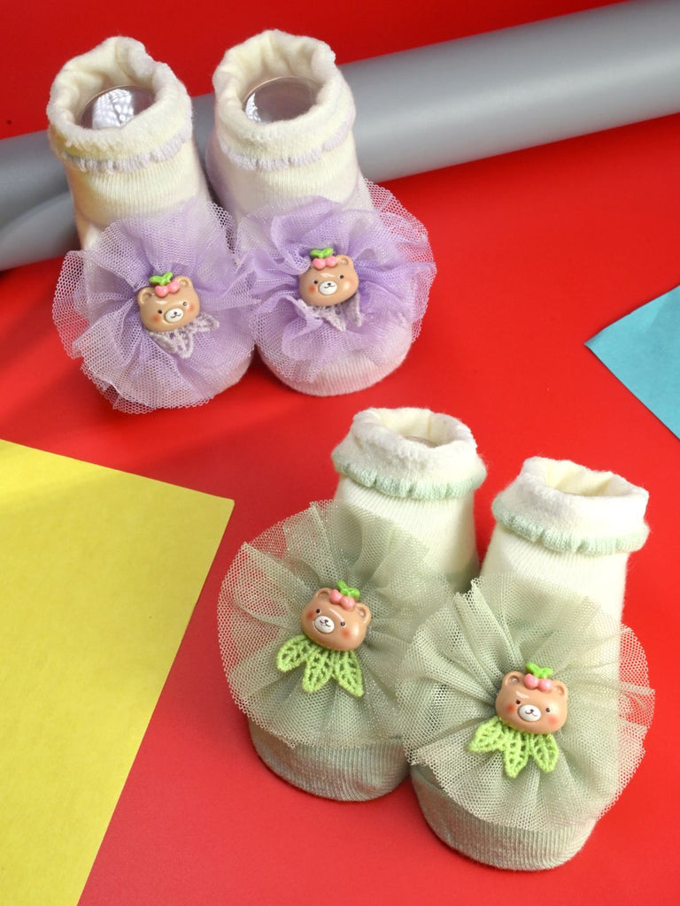 Charming Baby Girl Cotton Socks with Bear & Tulle Bow - Purple & Green - Creative View