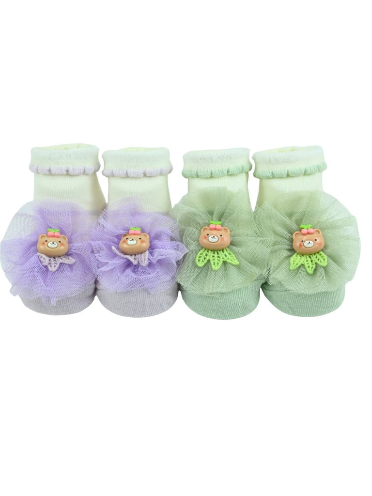 Charming Baby Girl Cotton Socks with Bear & Tulle Bow - Purple & Green - Front View