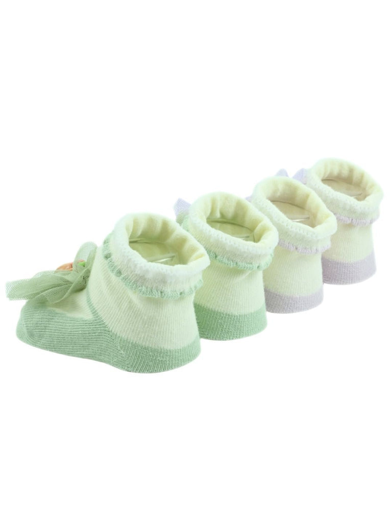 Charming Baby Girl Cotton Socks with Bear & Tulle Bow - Purple & Green - Back View