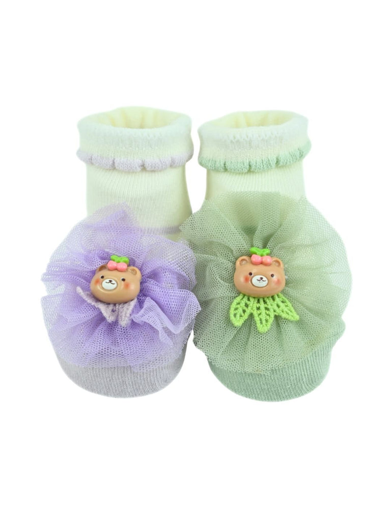 Charming Baby Girl Cotton Socks with Bear & Tulle Bow - Purple & Green - Full View