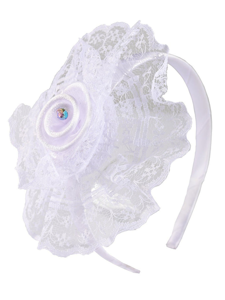 Charming Lace Baby Hairband with Satin Flower and Sparkling Gem Accent-White