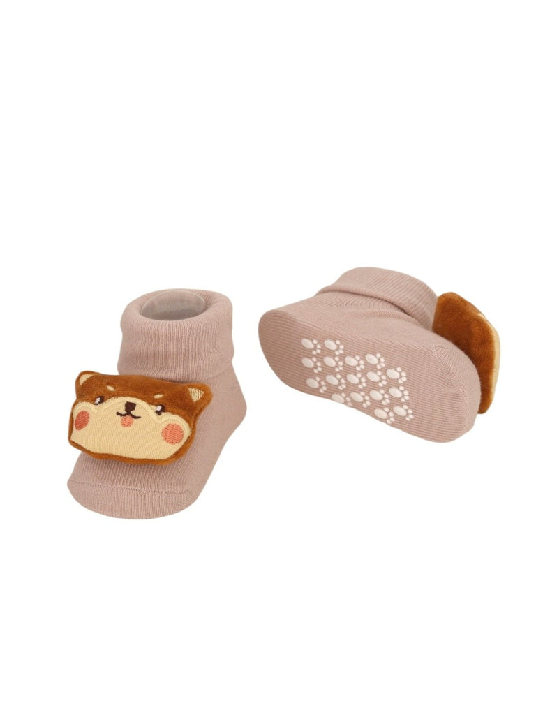 Charming Bear Face Cozy Baby Socks - Soft Beige-Front & Back View