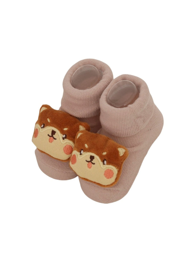 Charming Bear Face Cozy Baby Socks - Soft Beige-Front View