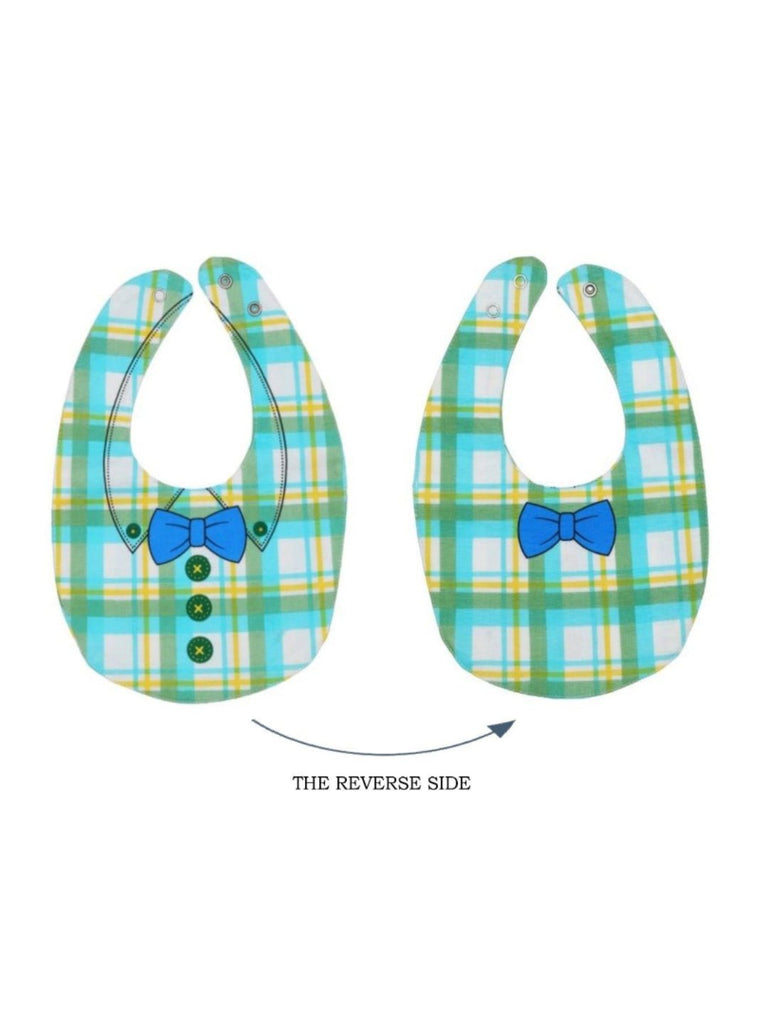 Front and back view of Charming Blue Bow Tie Baby Bib..