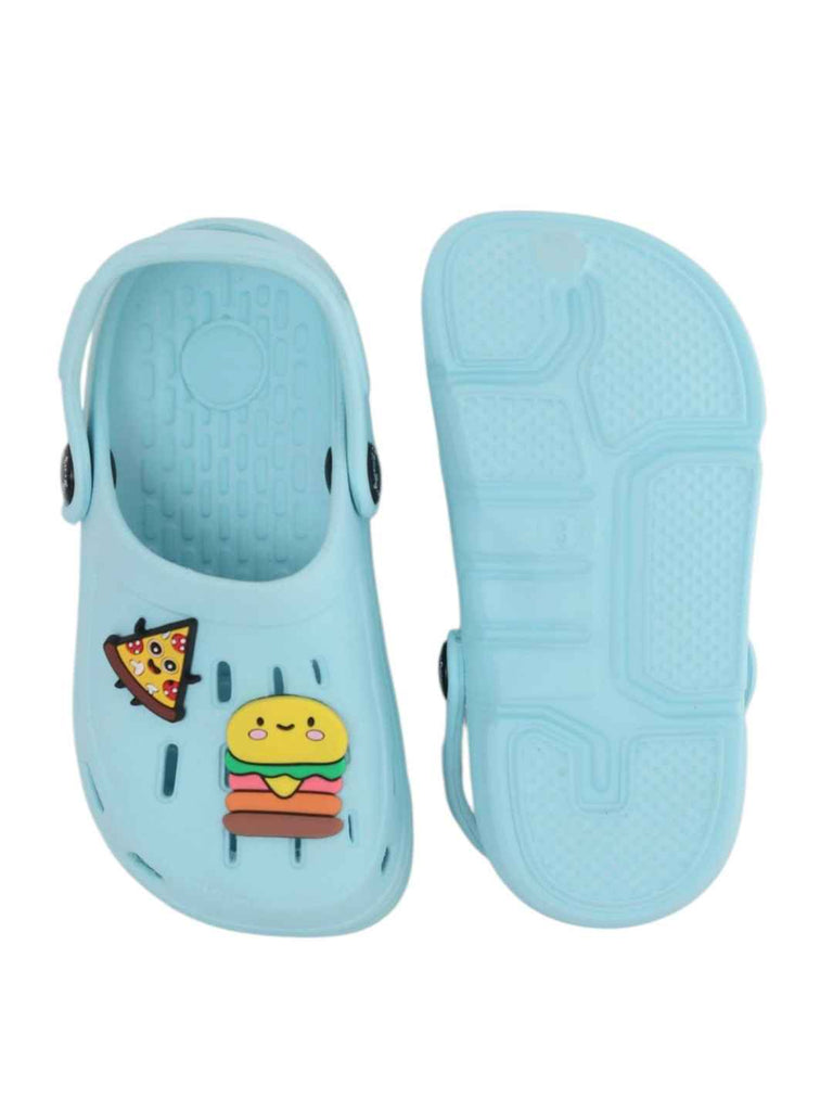 Charming Blue Clogs with Burger & Pizza Charms for Boys-Front & Back View