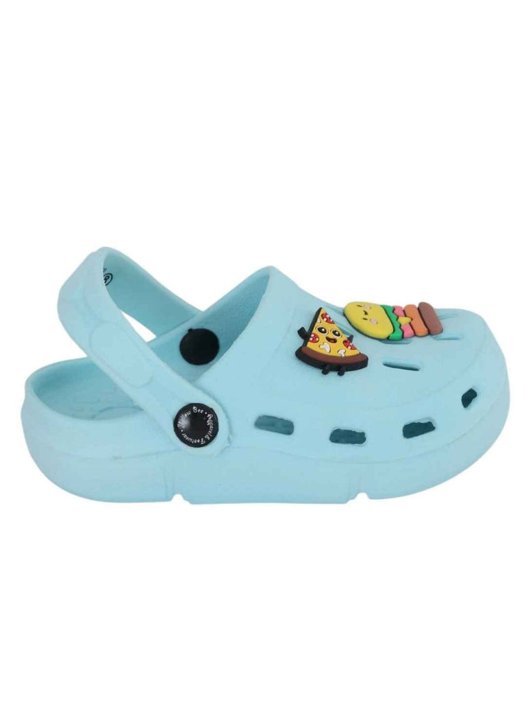 Charming Blue Clogs with Burger & Pizza Charms for Boys-Side View