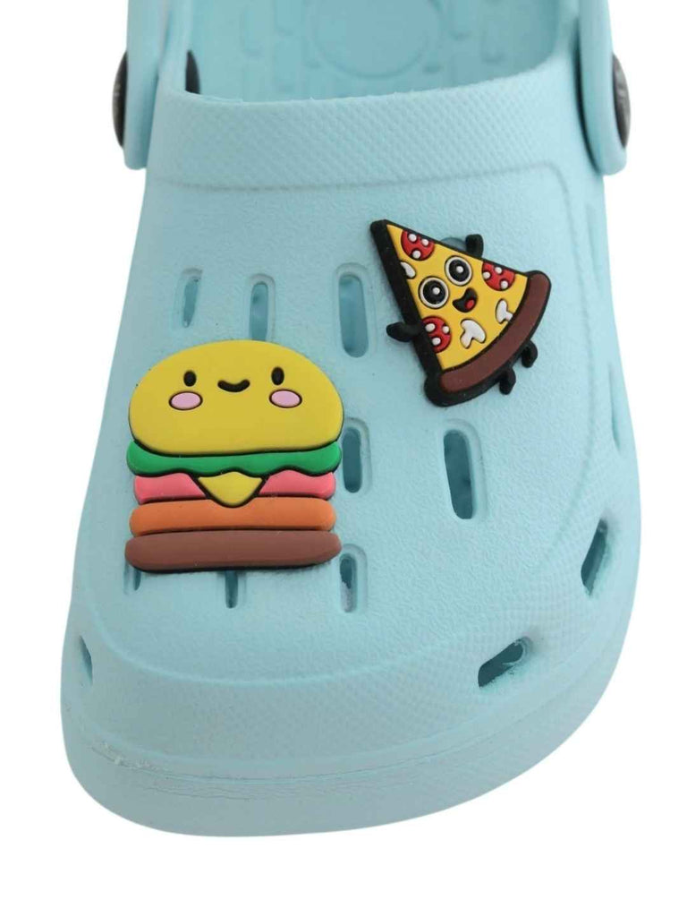 Charming Blue Clogs with Burger & Pizza Charms for Boys-Front View