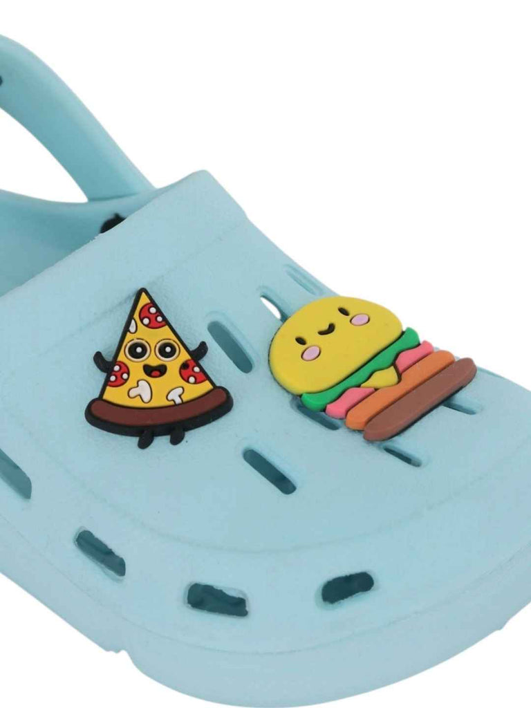Charming Blue Clogs with Burger & Pizza Charms for Boys-Close up view