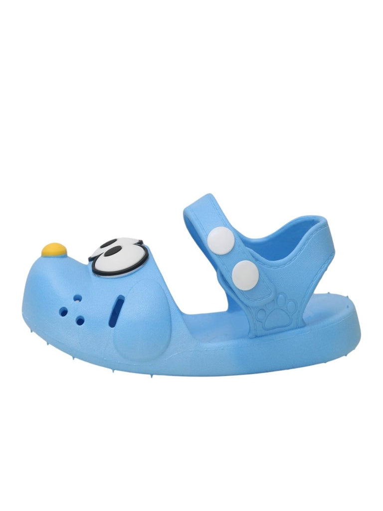 Side view of Yellow Bee boys' blue puppy sandals showing the profile and sole design.