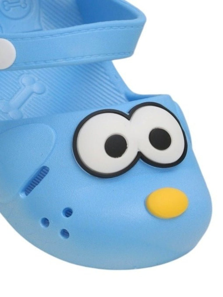 Close-up of the puppy design on Yellow Bee boys' charming blue sandals.