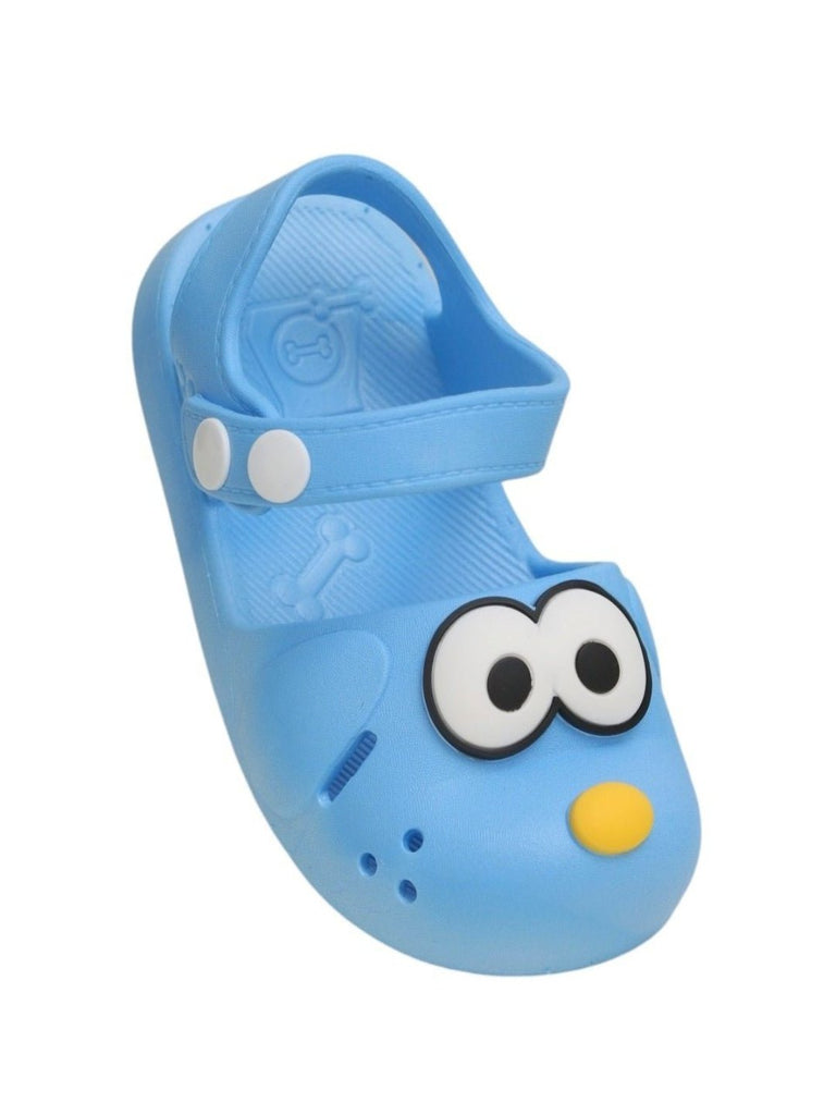 Angle view of Yellow Bee boys' blue sandals with a charming puppy design.