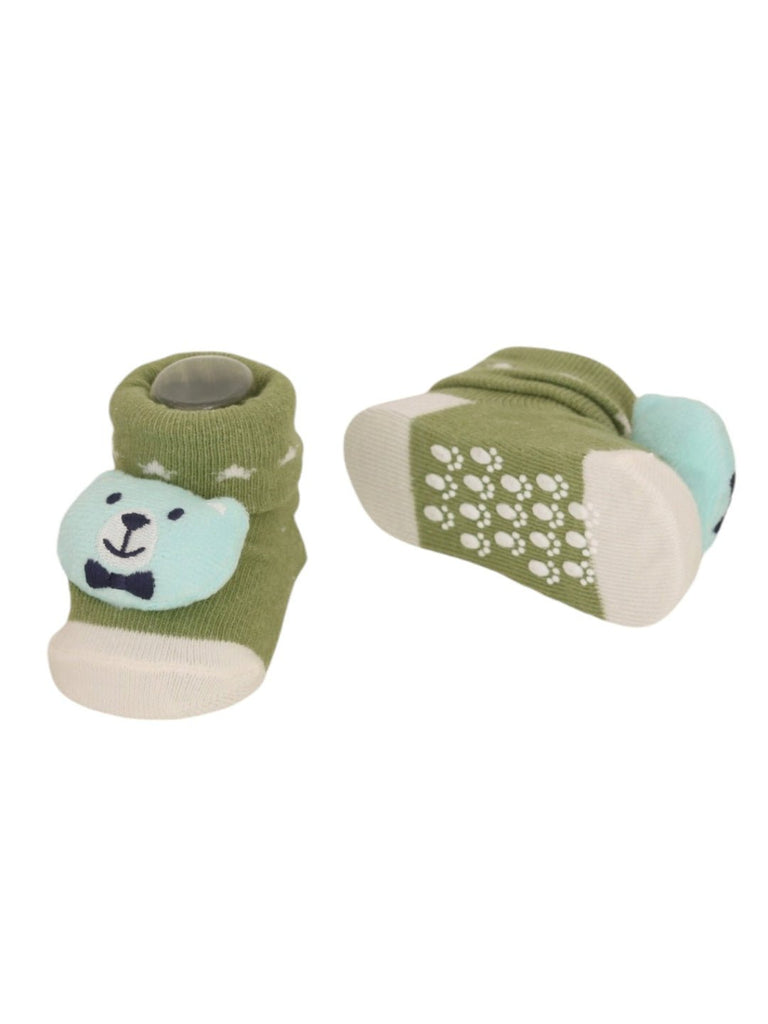 Charming Bowtie Bear Baby Socks - Woodland Green-Front & Back View