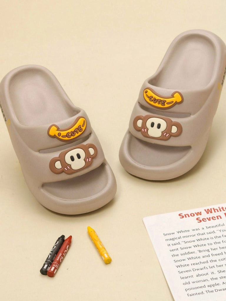 Yellow Bee Monkey Slip-On Slippers For Boys, Grey - Creative View