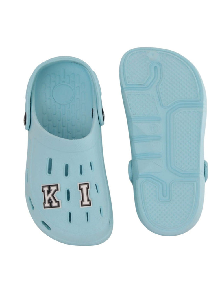 Charming Clogs with “KING” Letter Charms for Boys- Light Blue-Front & Back View