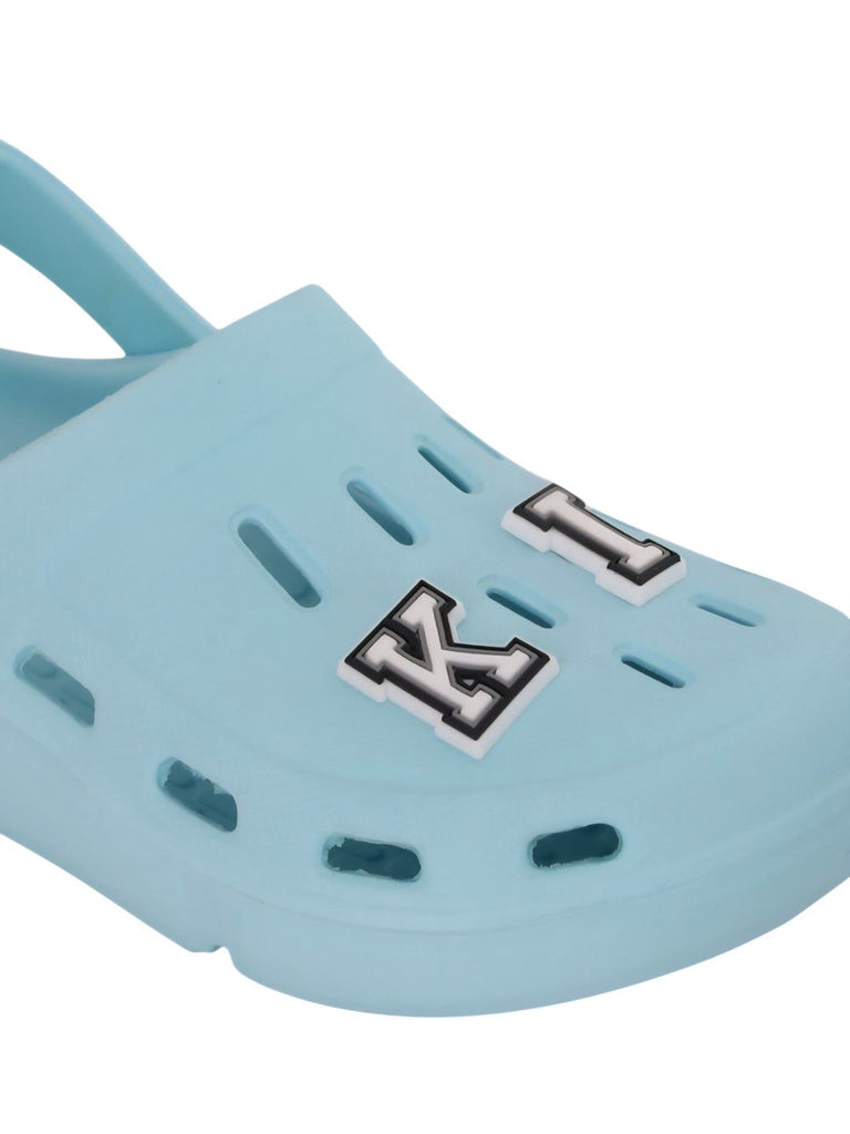 Charming Clogs with “KING” Letter Charms for Boys- Light Blue-Close up view
