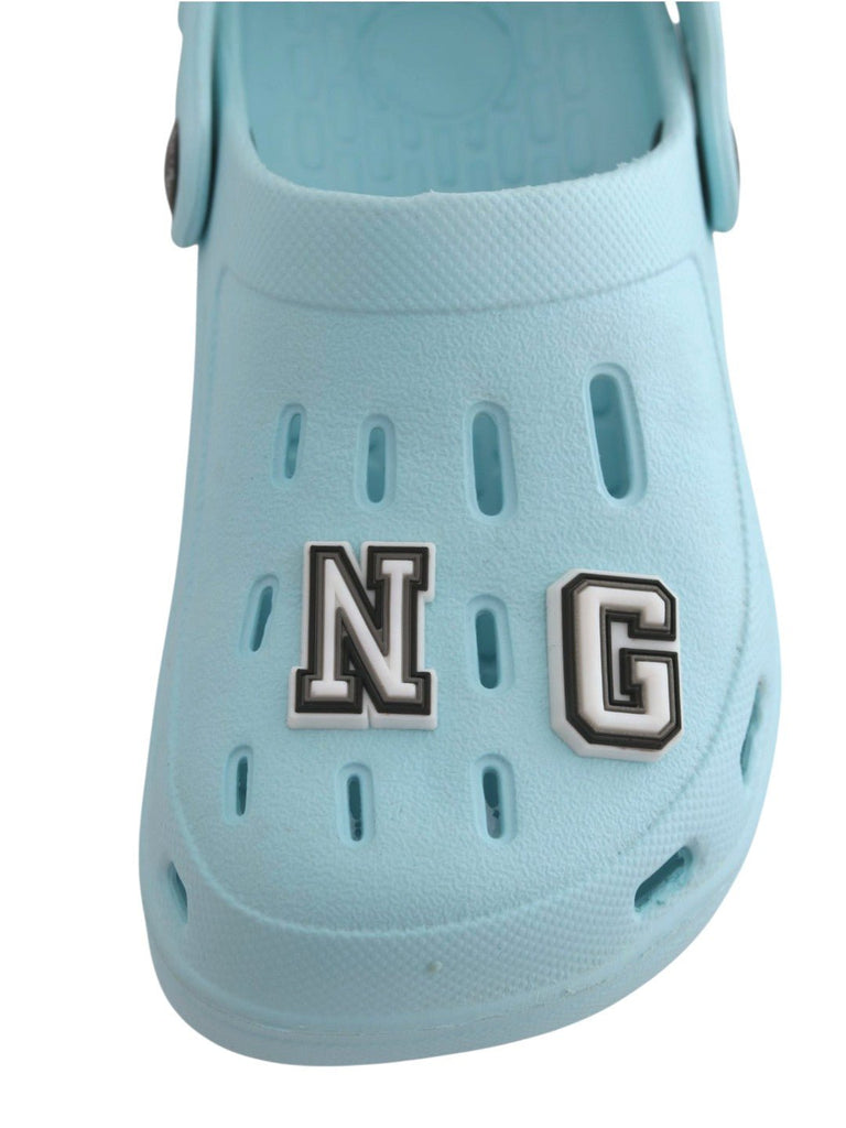 Charming Clogs with “KING” Letter Charms for Boys- Light Blue-Front View