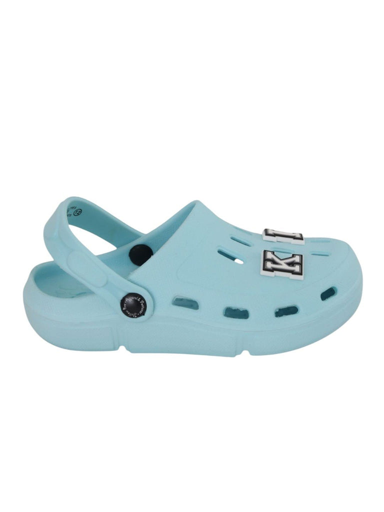 Charming Clogs with “KING” Letter Charms for Boys- Light Blue-Side View