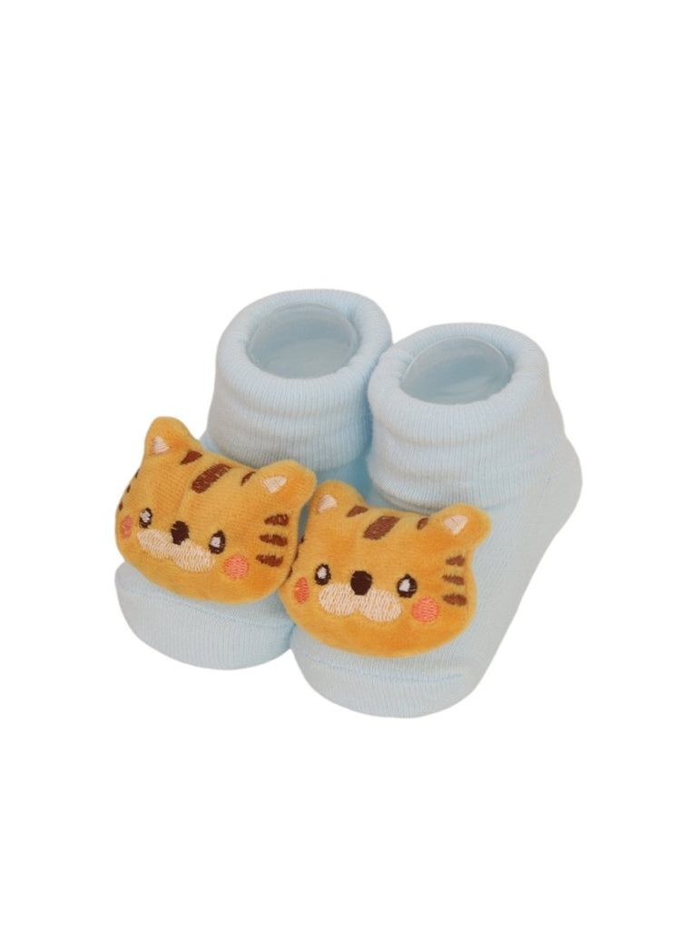 YellowBeeCottonBabyAnimalRattleSocksSetforBoys-BlueFrontView