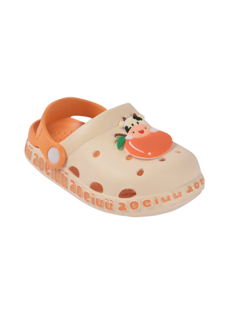 Beige garden sandal for kids featuring a cow design, orange accents, and breathable holes..